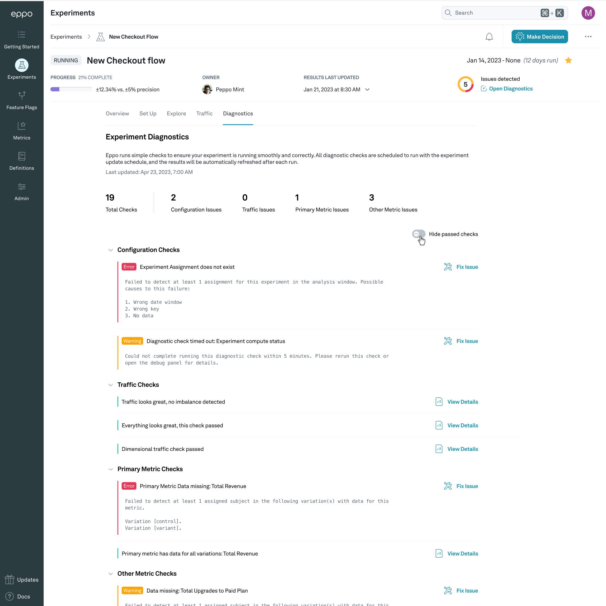 Overview of the diagnostics page