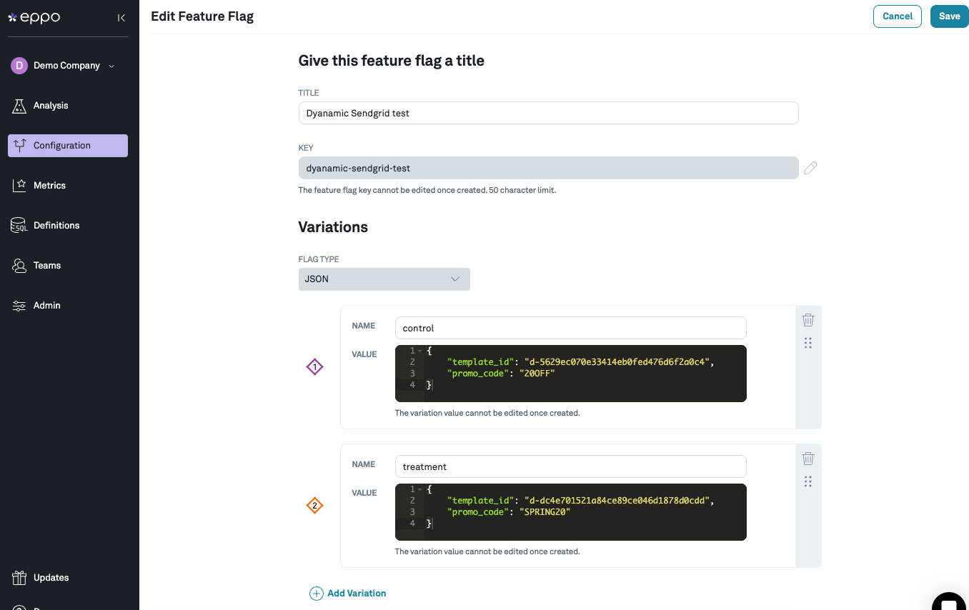 Setting up Eppo Feature Flag for Sendgrid experiment
