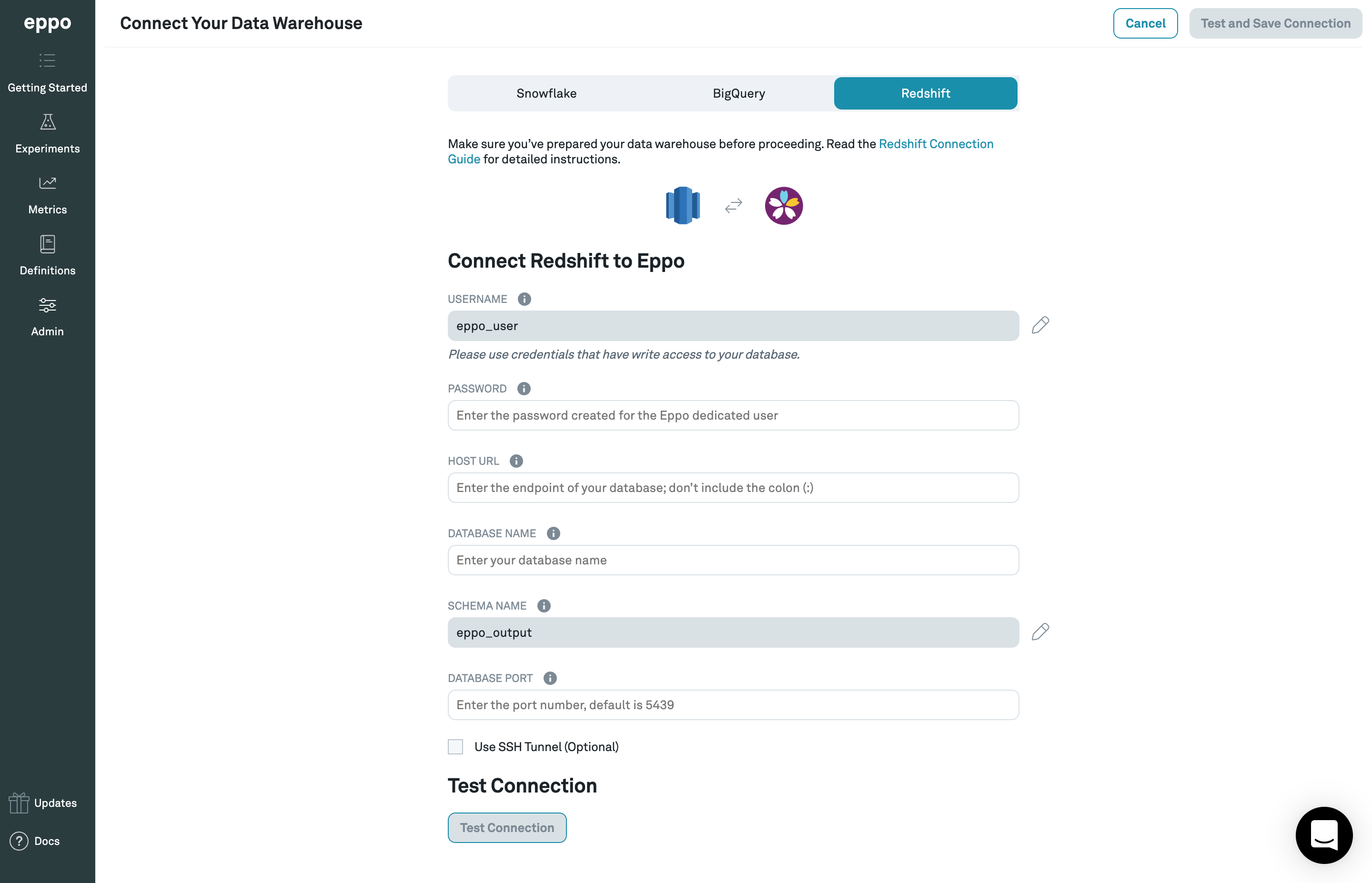 redshift warehouse connection