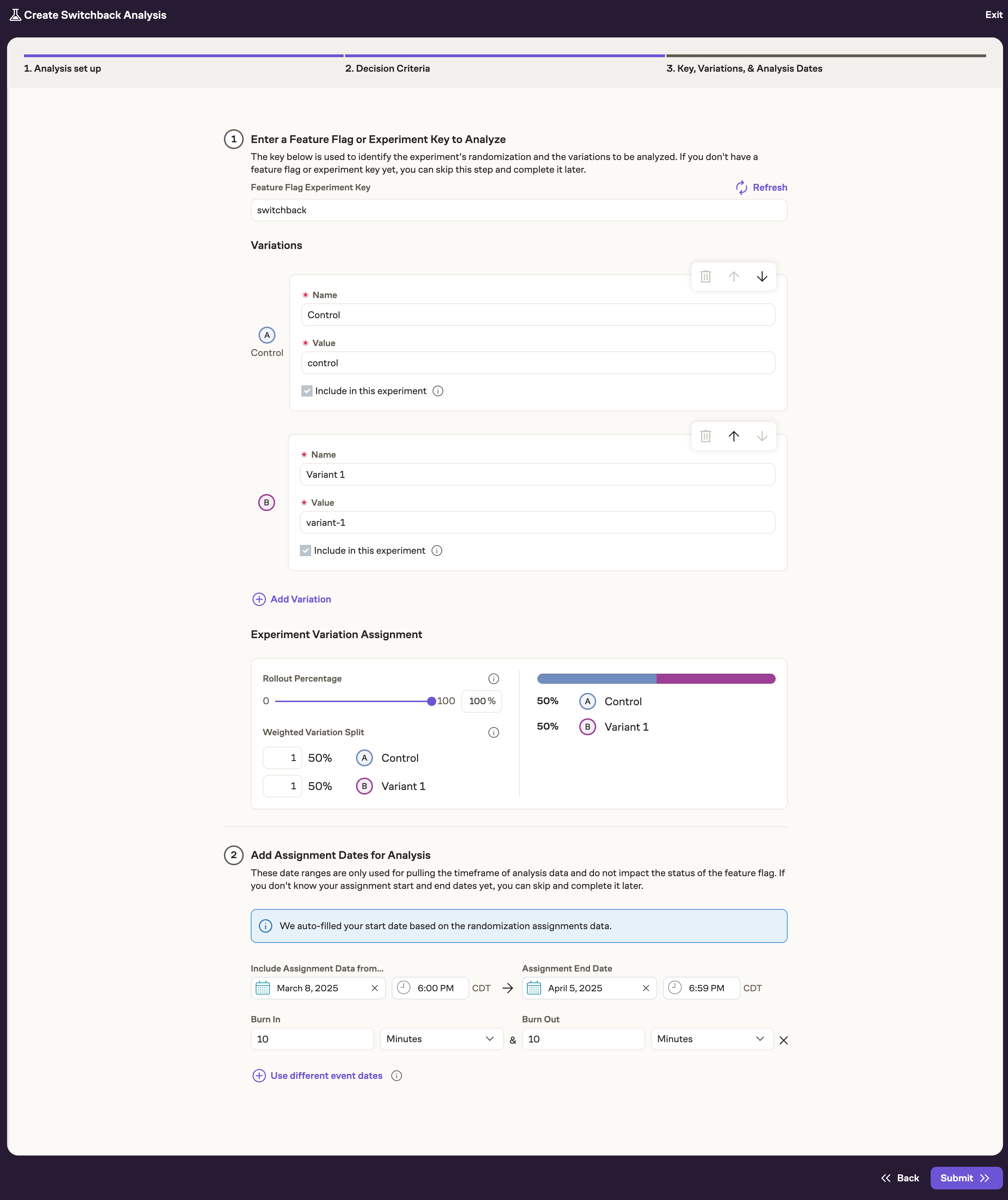 Configuring the Switchback keys and dates